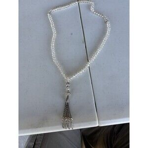 Vintage Clear Faceted Crystal Bead Necklace Tassel Silver Chain Feather Charms